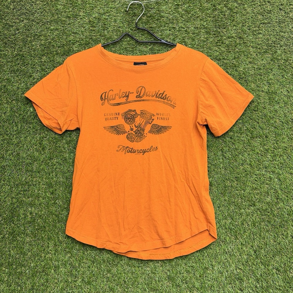 Harley Davidson Shirt Womens Small Graphic Print Orange Round Neck y2k Biker